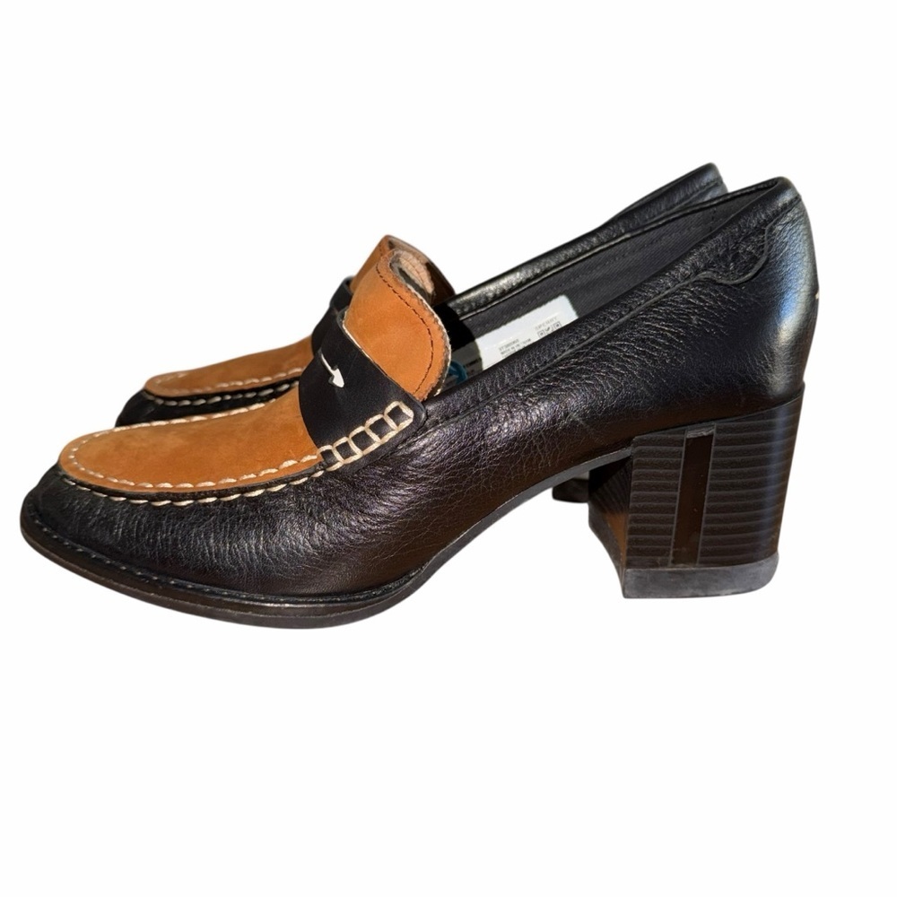 Sperry Seaport Penny Loafer Heels Womens 7.5 Tan Black Leather Block Heel Preppy - Picture 5 of 7